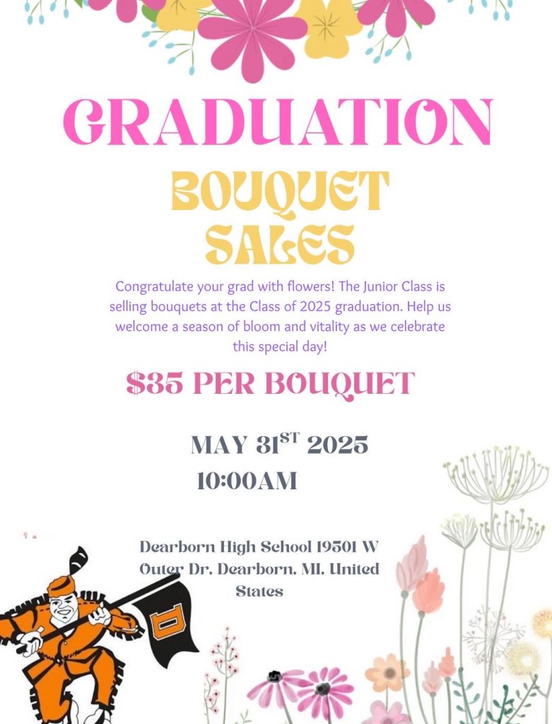 Poster with floral design and the Dearborn High School Pioneer mascot in the lower right corner. The text on the poster repeats the text contained in this blog post.