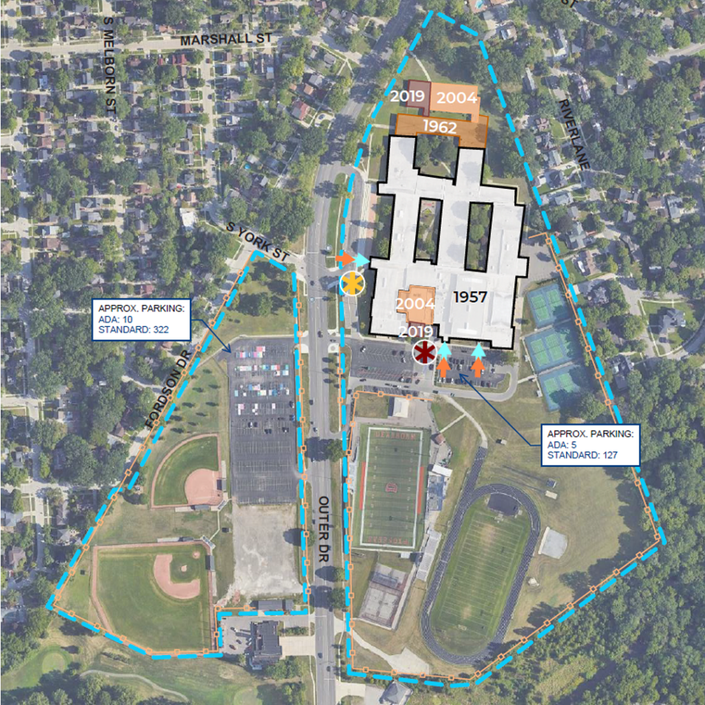 An illustration showing parts of Dearborn High built in 1957, 1962, 2004 and 2019.